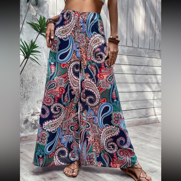 Pre-Order Blue Paisley Mixed Print Wide Leg Pants